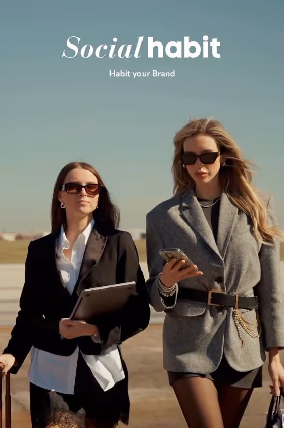 Delaney (left) Marxli (right) wearing sunglasses and blazers walking outdoors, one holding a phone and the other holding a laptop and luggage. Social Habit Marketing 